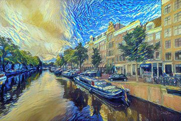 Schilderij Amsterdam: Amsterdamse Grachten in de stijl van Van Gogh van Slimme Kunst.nl