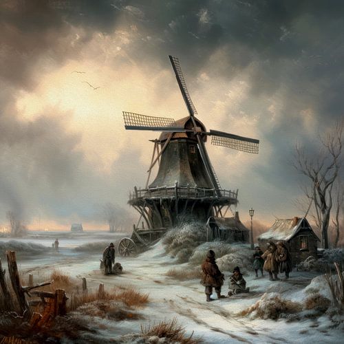 Hollands winterlandschap schilderij met molen