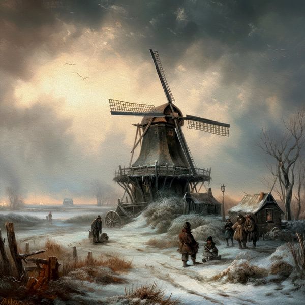 Dutch winter landscape painting with windmill by Preet Lambon