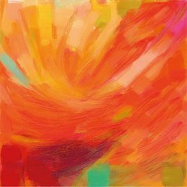 Levendig abstract werk in oranje, groen  en rood van Patricia Hofmeester