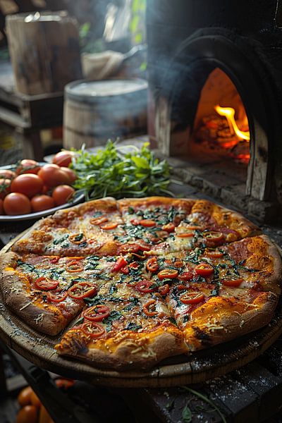 Fresh pizza from the wood-fired oven with tomatoes by Art & Soul Creations