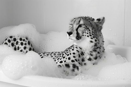Cheetah in bad - Een grappige badkamerfoto