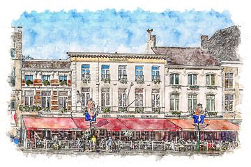 Grand Café Hotel De Bourgondiër & Brasserie Leijnse in Bergen op Zoom (aquarel) van Art by Jeronimo