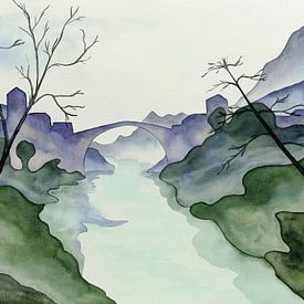 Le village au bord de la rivière (aquarelle abstraite paysage arbres pont église France montagnes) sur Natalie Bruns