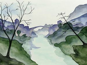 Stari Most over de Neretva bij Mostar (abstract, aquarel, schilderij, Herzegovina, bergenlandschap, bomen, brug)