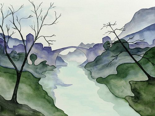 Stari Most over de Neretva bij Mostar (abstract, aquarel, schilderij, Herzegovina, bergenlandschap, bomen, brug)