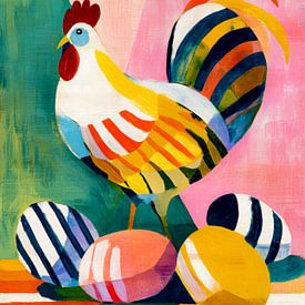 Colourful chicken with Easter eggs art by But First Framing