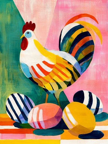 Buntes Huhn mit Ostereiern – Kunstwerk