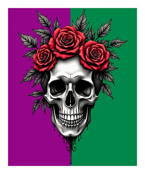 Tête de mort avec des roses rouges - Artwork de style tatouage contrasté par Conpo Design