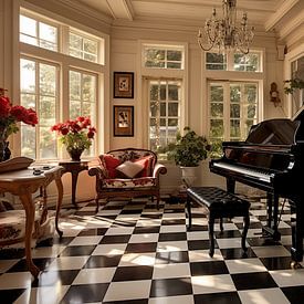 Landhaus mit schwarzem Klavier im Zimmer mit Schachbrettboden von Animaflora PicsStock
