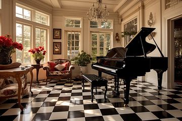 Country house with black piano in the room with chequerboard floor by Animaflora PicsStock