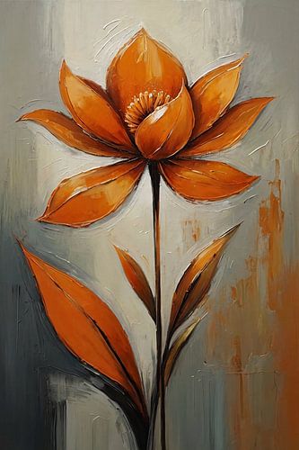 Oranje Bloesem Impressie op Grijs Canvas