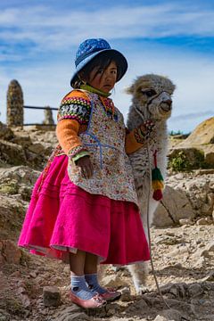 Bolivia, klein meisje met Alpaca van Tanja de Mooij