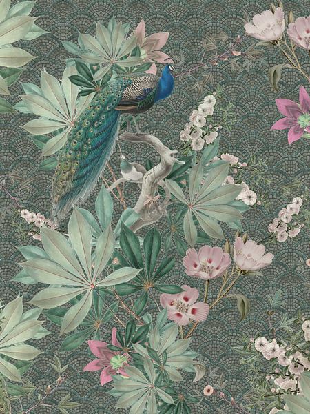 Peacock and flowers in lush botanical Garden by Bloomery Decor