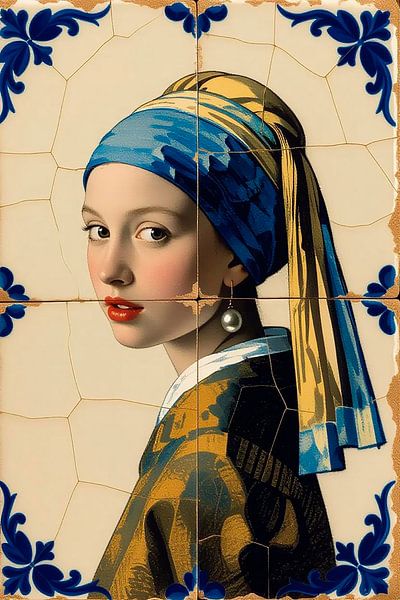 Fille avec une boucle d'oreille en perle dans des carreaux par Karin van Bylevelt