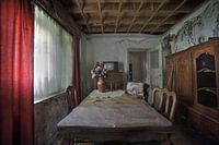 Urbex verlaten huisje met kleurrijke bloemen op tafel.