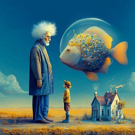 Der alte Mann und der Fisch | Surrealistische Traumkunst als Wandbild