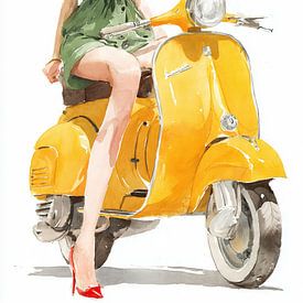 Femme sur un scooter jaune sur Digital Picture Art