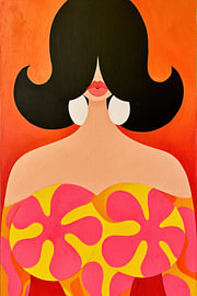 Modernes, minimalistisch-Pop-Art-Porträt einer Retro-Frau mit Blumen
