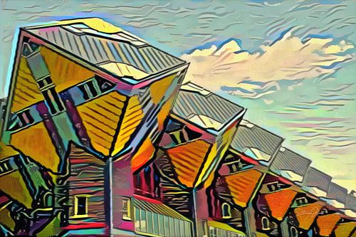 Schilderij Kubuswoningen Rotterdam in de stijl van Picasso