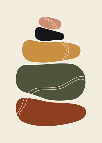 Minimalistische, platte, abstracte illustratie van opgestapelde kiezels in bohemienstijl.