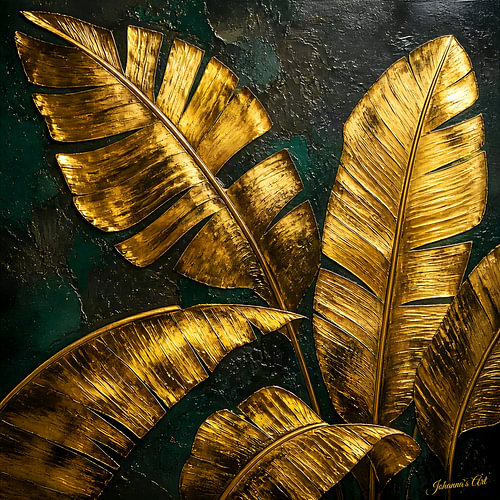 Grüne goldene Horizonte – Tropische Bananenblätter 1 von Johannas Art Creations