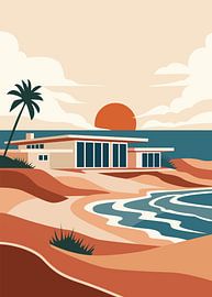 Modern coastal house with palm trees, flowing beach dunes, and a warm sunset over the ocean. Minimalist retro nature illustration vector poster. by Adam Khabibi