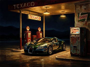 Bugatti Veyron an einer alten Texaco-Tankstelle