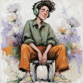 Young boy Listening to Music With Headphones Sitting in a Floral Illustration Portrait by ChrisWillemsen
