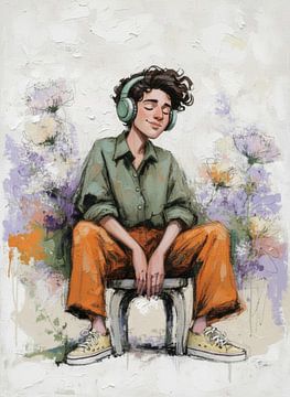 Young boy Listening to Music With Headphones Sitting in a Floral Illustration Portrait