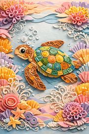 Tortue de mer en papier roulé coloré avec corail sur Faheem Beigh