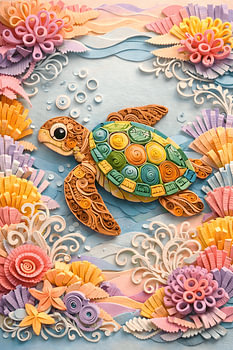 Colorful Quilled Paper Sea Turtle with Coral