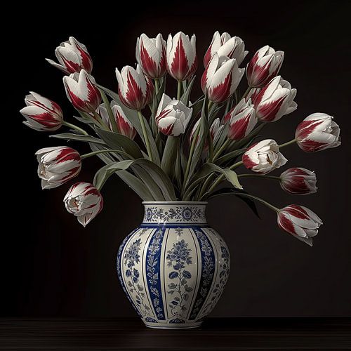 Rood witte tulpen in een Delftsblauwe vaas