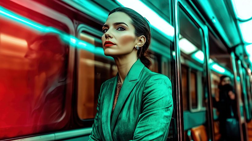 Femme élégante en costume vert dans le métro par Frank Heinz