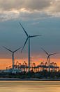 Riverbank met windmolens op gekleurde zonsondergang van Tony Vingerhoets thumbnail