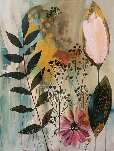 Modern and colourful still life with flowers in Japandi style