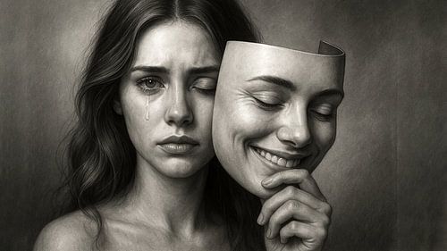 Emotionele zwart-wit kunstfoto – masker tussen verdriet en schijnbare vreugde