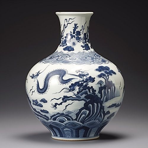 Chinese vaas blauw/wit donkere achtergrond