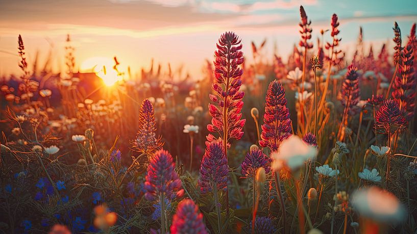 Summer field of flowers with setting sun by Vlindertuin-Art