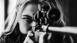 Entschlossene Frau mit Scharfschützengewehr