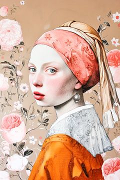 Girl with a pearl earring with flowers by Vlindertuin Art