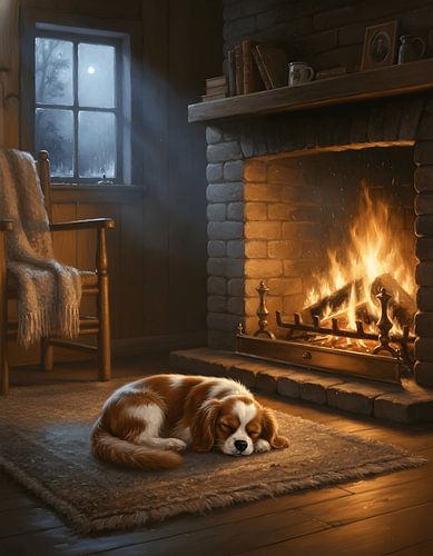 Puppy die zich naast de warme open haard heeft opgerold