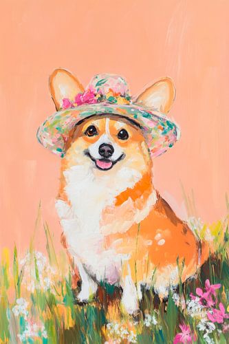 Corgi met bloemenhoed in de wei