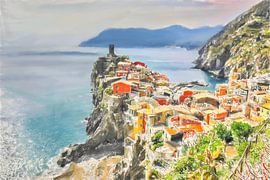 Digitaal schilderij Vernazza Cinque Terre Italiaanse Rivièra Riviera Italië Italie van VenVision Art
