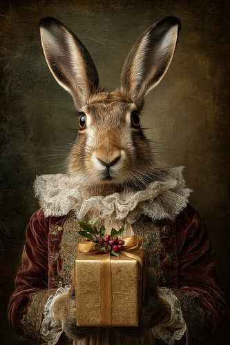 Haas met Cadeau - Speels Kerstportret in Rood