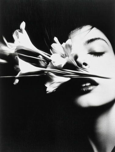 Woman with lilies in black and white
