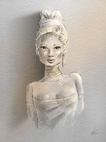 Potlood tekening van Afrikaanse vrouw digitaal ingekleurd met goud tinten