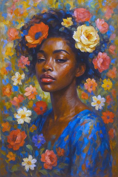 Peinture d'une femme africaine avec des fleurs par Johannes