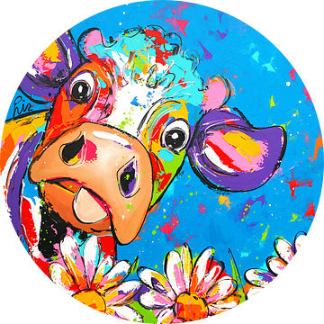 Kleurrijke Koe met Bloemen van Vrolijk Schilderij