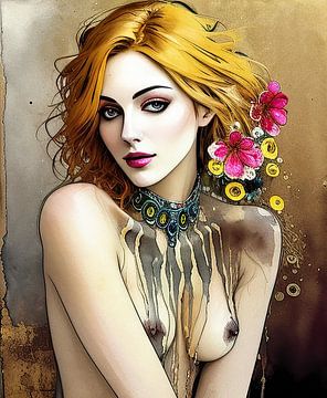Nacktmodell mit Blumen von Blikvanger Schilderijen